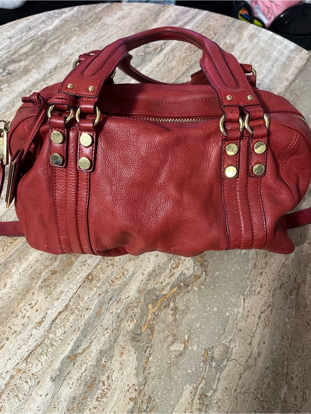 Red Leather Shoulder Satchel with Gold Accents